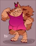  anthro barazoku biceps brown_fur bulge cappuccino chest_tuft clothing digitigrade ear_tuft elbow_tufts flexing fluffy fur hair male mammal musclegut muscular muscular_male pecs pink_hair rgmbleh rodent smile solo squirrel standing striped_fur stripes tuft wrestling_singlet 