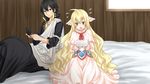  1girl awai_shiro black_hair capelet dress fairy_tail flying_sweatdrops game_console green_eyes handheld_game_console head_wings long_hair mavis_vermilion open_mouth smile very_long_hair white_dress zeref 