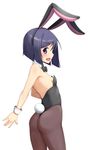  alfort_(may0508) animal_ears ass bare_shoulders black_legwear blush bow bowtie breasts bunny_ears bunny_girl bunny_tail bunnysuit detached_collar fake_animal_ears highres looking_at_viewer open_mouth original pantyhose purple_eyes short_hair simple_background small_breasts smile solo tail white_background wrist_cuffs 