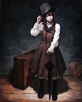  black_background black_legwear braid brown_eyes clock closed_umbrella dress full_body hair_over_shoulder hand_on_headwear hat head_tilt highres imai_takahiro lace lace-trimmed_dress lolita_fashion long_hair looking_away mary_janes oil_painting_(medium) original pale_skin pantyhose shadow shoes solo suitcase top_hat traditional_media twin_braids umbrella wooden_floor 