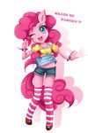  anthro anthrofied blue_eyes clothing cute earth_pony english_text equine female friendship_is_magic hair horse jinzhan legwear long_hair looking_at_viewer mammal my_little_pony one_eye_closed open_mouth pink_hair pinkie_pie_(mlp) pony simple_background socks solo stripes text white_background 