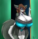  big_breasts breasts brown_hair canine dog doorway fluffy fur green_gown grey_fur hair huge_breasts husky hyper hyper_breasts invalid_tag jess mammal massive_breasts nightgown seductive vant_talon 