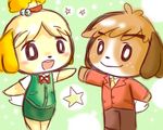  1boy 1girl animal_crossing anthro black_nose blonde_hair blush brown_fur brown_hair canine clothing digby_(animal_crossing) dog doubutsu_no_mori dress duo female fur furry hair hair_ornament isabelle_(animal_crossing) kento_(doubutsu_no_mori) low_res male mammal nintendo shizue_(doubutsu_no_mori) short_hair sibling siblings smile suit uniform unknown_artist video_games white_fur yellow_fur 