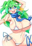  areolae arm_over_head armlet armpits belly bikini blue_eyes bracelet breasts cleavage curvy frog_hair_ornament green_hair hair_intakes hair_ornament hair_tubes hand_up highres hips huge_breasts jewelry kochiya_sanae looking_at_viewer micro_bikini navel open_mouth outline ribbon rindou_(p41neko) scarf shiny shiny_hair shiny_skin side_ponytail simple_background skindentation smile snake_hair_ornament solo sparkling_eyes swimsuit teeth thigh_ribbon thighs tongue touhou white_background 