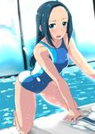  blue_eyes blue_hair breasts chirashi_(so) competition_swimsuit long_hair looking_at_viewer medium_breasts mizusawa_aoi monster_strike one-piece_swimsuit open_mouth pool smile solo swimsuit towel water wet 