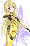  blonde_hair bodysuit breasts brown_eyes dual_wielding gun heavy_object highres holding langley1000 long_hair mariydi_whitewitch small_breasts solo weapon yellow_bodysuit 