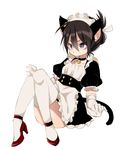  alternate_costume animal_ears apron bangs bell bell_choker black_hair buttons cat_ears cat_tail choker crossdressing dress eyes_visible_through_hair folded_ponytail frills full_body hair_between_eyes hair_ribbon high_heels highres kemonomimi_mode long_hair maid_headdress male_focus one-punch_man onsoku_no_sonic puffy_short_sleeves puffy_sleeves red_footwear ribbon seitarou shoes short_sleeves silver_eyes simple_background sitting solo tail waist_apron white_apron white_background white_legwear white_ribbon 