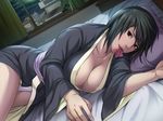  areola_slip areolae bed black_hair breasts cleavage condom condom_in_mouth covered_nipples japanese_clothes large_breasts looking_at_viewer lying mouth_hold naruto naruto:_road_to_ninja naruto_(series) naruto_shippuuden night night_sky no_bra on_side panties pillow shizune_(naruto) sky solo tk_(tk's_level4) underwear white_panties window 