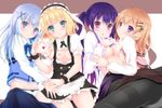  black_legwear blush breasts fleur_de_lapin_uniform gochuumon_wa_usagi_desu_ka? heart heart_hands heart_hands_duo hoto_cocoa kafuu_chino kirima_sharo looking_at_viewer medium_breasts multiple_girls narumi_yuu_(imitmoon) nipples panties panties_under_pantyhose pantyhose rabbit_house_uniform small_breasts smile tedeza_rize thighband_pantyhose underwear waitress yuri 