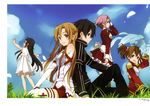  4girls absurdres asuna_(sao) back-to-back black_eyes black_hair braid brown_eyes brown_hair cloud day detached_sleeves dragon dragon_on_head dress french_braid grass hair_ribbon highres horiguchi_yukiko kirito lisbeth long_hair looking_at_viewer multiple_girls open_mouth outdoors pina_(sao) pink_hair pleated_skirt red_eyes red_ribbon red_skirt ribbon short_hair short_twintails silica skirt sky sword_art_online thighhighs twintails white_dress white_legwear yui_(sao) 