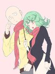  1girl akihazama bald blush casual colorized dress green_eyes green_hair one-punch_man saitama_(one-punch_man) scarf tatsumaki 