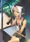  bike_shorts blue_eyes bottle breasts collarbone crossed_legs dark_elf elf error gloves hot long_hair nipples original pointy_ears sasebono_mari sidelocks silver_hair sitting small_breasts solo tank_top wet white_gloves 