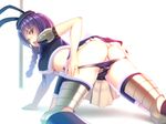  all_fours aoi_mug ass blue_eyes boots braid breasts hat highres looking_back medium_breasts miniskirt panties panty_pull purple_hair shoulder_armor skirt solo spaulders thigh_strap tongue tongue_out underboob underwear 