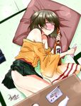  alcohol blush bottle brown_hair commentary_request drunk from_above hiryuu_(kantai_collection) kantai_collection lying mikage_takashi on_side sake sake_bottle sleeping solo 