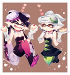 2girls ^_^ aori_(splatoon) bare_shoulders black_dress black_hair breasts brown_background cherry cleavage closed_eyes cupcake detached_collar domino_mask dress earrings eating fangs floating food food_on_face food_on_head fruit gloves green_legwear grin heart holding holding_food hotaru_(splatoon) jewelry mask mole mole_under_eye momiji_shiori multiple_girls object_on_head orange_eyes pantyhose pointy_ears pudding purple_legwear short_jumpsuit small_breasts smile splatoon_(series) splatoon_1 strapless tentacle_hair tentacles white_gloves white_hair 