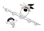  1girl aircraft airplane androgynous blush commentary flying flying_sweatdrops frisk_(undertale) greyscale hat lutherniel mob_cap monochrome outstretched_arms running simple_background spot_color tsundere tsunderplane undertale white_background 
