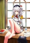  absurdres barefoot blue_eyes bottle breasts desk epaulettes feet hat highres kantai_collection kashima_(kantai_collection) looking_at_viewer map medium_breasts military military_uniform silver_hair skirt skirt_removed smile solo subber twintails uniform water_bottle 