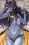  bare_shoulders black_hair black_sclera blue_skin blush breasts cleavage covered_nipples demon_girl flootier hair_over_one_eye highres horns ichinose_natsuki long_hair lying medium_breasts navel on_back open_mouth pillow red_eyes short_shorts shorts solo summon_night summon_night_5 