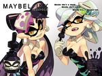 2girls alex_ahad aori_(splatoon) black_hair brand_name_imitation breasts cleavage commentary domino_mask dress earrings english eyebrows eyeliner fang gloves hair_bun highres hotaru_(splatoon) jewelry long_hair looking_at_viewer makeup mask medium_breasts mole mole_under_eye multicolored_hair multiple_girls parody ponytail pun short_hair silver_hair splatoon_(series) splatoon_1 symbol-shaped_pupils tentacle_hair thick_eyebrows twintails two-tone_hair 