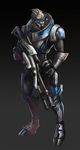  2014 alien black_sclera blue_eyes facepaint full_body garrus_vakarian gun highres m-92_mantis male_focus mass_effect mass_effect_3 power_suit rifle scar scope scouter signature sniper_rifle solo sun_stark turian weapon 