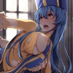  arm_grab blue_hair blurry blush bodysuit breast_grab breasts dragon_quest dragon_quest_iii grabbing grabbing_from_behind hat highres large_breasts long_hair nipples open_mouth orange_bodysuit priest_(dq3) red_eyes sblack solo_focus torn_clothes 