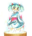  aqua_eyes aqua_hair bucket chikuwa_(tks) cowboy_shot grin hair_bobbles hair_ornament japanese_clothes kimono kisume obi sash short_kimono smile solo touhou twintails 