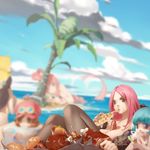  alvida b.bor back bangs beach between_breasts black_hair black_legwear blue_hair blue_sky blunt_bangs blurry breasts brown_hair cleavage cloud day eating food food_on_body food_on_face giantess goggles goggles_on_headwear grin hamburger hat highres holding holding_food holding_pizza ice_cream innertube jewelry_bonney koala_(one_piece) large_breasts leaning_forward long_hair lying map meat mermaid monocle monster_girl multiple_girls ocean on_back one_piece outdoors pantyhose pin pink_hair pizza sausage sexually_suggestive shirahoshi short_hair shrimp sky smile solo_focus sugar_(one_piece) tears topless umbrella 