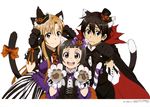  2girls absurdres animal_ears asuna_(sao) black_eyes black_gloves black_hair brown_eyes brown_hair cat_ears cat_tail gloves hat highres kawatsuma_tomomi kirito long_hair mini_hat multiple_girls open_mouth simple_background sword_art_online tail vampire_costume white_background witch_hat yui_(sao) 
