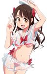  :d arm_up armpits bad_id bad_pixiv_id bikini bikini_under_clothes bow breasts brown_eyes brown_hair chikku_(k2753) crop_top crop_top_overhang idolmaster idolmaster_cinderella_girls long_hair looking_at_viewer midriff miniskirt navel open_mouth pleated_skirt red_bow see-through shimamura_uzuki skirt skirt_lift small_breasts smile solo striped striped_bikini swimsuit swimsuit_under_clothes thigh_gap two_side_up underboob v wind wind_lift 