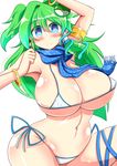  arm_over_head armlet armpits belly bikini blue_eyes bracelet breasts cleavage curvy earrings frog_hair_ornament green_hair hair_intakes hair_ornament hair_tubes hand_up heart heart-shaped_pupils highres hips huge_breasts jewelry kochiya_sanae long_hair looking_at_viewer micro_bikini navel outline ribbon rindou_(p41neko) scarf shiny shiny_hair shiny_skin side_ponytail simple_background skindentation smile snake_hair_ornament solo swimsuit symbol-shaped_pupils thigh_ribbon thighs touhou white_background 