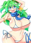  arm_over_head armlet armpits belly bikini blue_eyes bracelet breasts cleavage curvy frog_hair_ornament green_hair hair_intakes hair_ornament hair_tubes hand_up highres hips huge_breasts jewelry kochiya_sanae long_hair looking_at_viewer micro_bikini navel open_mouth outline ribbon rindou_(p41neko) scarf shiny shiny_hair shiny_skin side_ponytail simple_background skindentation smile snake_hair_ornament solo sparkling_eyes swimsuit teeth thigh_ribbon thighs tongue touhou white_background 