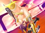  aoi_mug ass battle braid breasts eyepatch fur gloves greaves large_breasts leg_up long_hair navel open_mouth original panties purple_hair solo spread_legs thong underboob underwear weapon yellow_eyes 