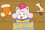  &lt;3 + afterglow_ampharos ambiguous_gender bone box cardboard_box clothing crossover humor legwear nail nintendo pastry pok&eacute;mon raised_eyebrows shelf shirt slurpuff stockings temmie_(undertale) tongue tongue_out undertale video_games wood 