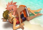  barefoot blue_eyes blush brown_hair dark_skin dark_skinned_male feet full_body goggles goggles_on_head inazuma_eleven inazuma_eleven_(series) long_hair male_focus miki_suke multiple_boys open_mouth pink_eyes pink_hair shirtless smile tachimukai_yuuki tank_top tsunami_jousuke wet yaoi 