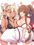  adjusting_eyewear asymmetrical_docking bikini black_nails blonde_hair breast_press breasts brown_hair cleavage commentary_request dark_skin glasses grey_hair hair_intakes highres kantai_collection large_breasts multiple_girls musashi_(kantai_collection) nail_polish omone_chou pillow pointy_hair ponytail red_eyes semi-rimless_eyewear swimsuit under-rim_eyewear yamato_(kantai_collection) 