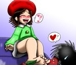  1girl adeleine artist_self-insert bare_legs barefoot beret black_hair blush brown_hair closed_eyes feet foot_licking hat heart highres kirby_(series) laughing leaf licking marius_k._dixon_(rokku-d) open_mouth original red_skin rokku-d self_upload short_hair sitting skirt smile soles spoken_heart sweatdrop tickling toes 