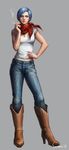  blue_eyes blue_hair boots breasts bulma cigarette cleavage cowboy_boots denim dragon_ball dragon_ball_super eyebrows eyeshadow full_body grey_background hand_on_hip highres jeans knee_boots lips makeup medium_breasts nail_polish neckerchief nose pants realistic short_hair smoking solo standing sun_stark 