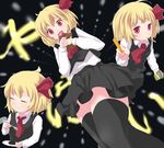  ascot black_legwear blonde_hair closed_eyes eating hair_ribbon highres maromi_gou mouth_hold red_eyes ribbon rumia solo touhou 