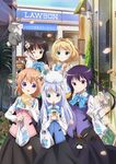  alternate_costume anko_(gochiusa) bag blonde_hair blue_eyes blue_hair bow bowtie brown_hair coffee gochuumon_wa_usagi_desu_ka? green_eyes hair_ornament hairclip hoto_cocoa jpeg_artifacts kafuu_chino kirima_sharo lawson long_hair looking_at_viewer matching_outfit multiple_girls official_art one_eye_closed open_mouth plastic_bag product_placement purple_eyes purple_hair rabbit_house_uniform short_hair skirt smile tedeza_rize tippy_(gochiusa) twintails ujimatsu_chiya waitress wild_geese x_hair_ornament 