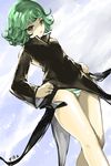  absurdres black_dress curly_hair dress fitz_(fita_is_the_smartest) green_eyes green_hair hands_on_hips highres one-punch_man panties pantyshot short_hair solo striped striped_panties tatsumaki underwear 