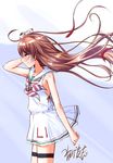  blush brown_hair closed_eyes commentary_request hair_down kantai_collection libeccio_(kantai_collection) long_hair mikage_takashi smile solo wind 