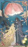  1girl absurdly_long_hair armor black_hair blonde_hair cape circlet cloud emeraude_(rayearth) flower frame guriko_(pixiv229226) hair_ornament height_difference highres holding_hands leaf long_hair looking_at_another magic_knight_rayearth pearl plant spoilers very_long_hair vines zagato_(rayearth) 