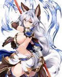  animal_ears armor backless_outfit black_gloves breasts brown_eyes butt_crack cleavage cowboy_shot elbow_gloves erune gloves granblue_fantasy hair_between_eyes hair_tubes hairband heles large_breasts long_hair pauldrons polearm shinozuka_atsuto side_slit sideboob silver_hair solo spear thighhighs vambraces very_long_hair weapon 