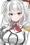  beret blush breasts buttons epaulettes gloves grey_eyes hand_on_own_chest hat highres jacket kantai_collection kashima_(kantai_collection) kerchief large_breasts long_hair looking_at_viewer military military_uniform sidelocks silver_hair sketch smile solo takeshima_(nia) twintails uniform upper_body wavy_hair white_gloves 