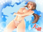  ahoge aoi_mug arched_back blush brown_hair closed_eyes hand_on_own_chest long_hair open_mouth panties solo tearing_clothes torn_clothes torn_panties underwear 