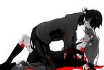  1girl black_hair blood dark_konoha hasuhasuhasu0127 headphones highres kagerou_project konoha_(kagerou_project) long_hair monochrome red_eyes red_scarf scarf school_uniform serafuku spot_color tateyama_ayano 