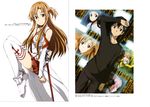  4girls absurdres asuna_(sao) black_eyes black_hair brown_eyes brown_hair hair_ornament hammer highres kawakami_tetsuya kirito lisbeth long_hair long_legs looking_at_viewer multiple_girls pina_(sao) pink_hair pleated_skirt red_skirt short_hair silica skirt smile sword_art_online thighhighs white_legwear yui_(sao) 