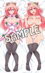  blush bra breasts cleavage dakimakura gloves hacka_doll hacka_doll_2 kobayashi_tetsuya large_breasts long_hair looking_at_viewer multiple_views panties pink_eyes pink_hair sample smile thighhighs underwear 