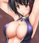  akatsuki_akane alternate_costume armpits arms_behind_head breasts front_zipper_swimsuit haguro_(kantai_collection) kantai_collection large_breasts looking_away meme_attire one-piece_swimsuit parted_lips short_hair solo swimsuit 