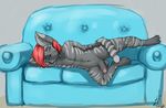  anthro balls black_fur byondrage cat circumcised feline fur grey_fur hair humanoid_penis lying male mammal penis red_hair sleeping sofa solo 